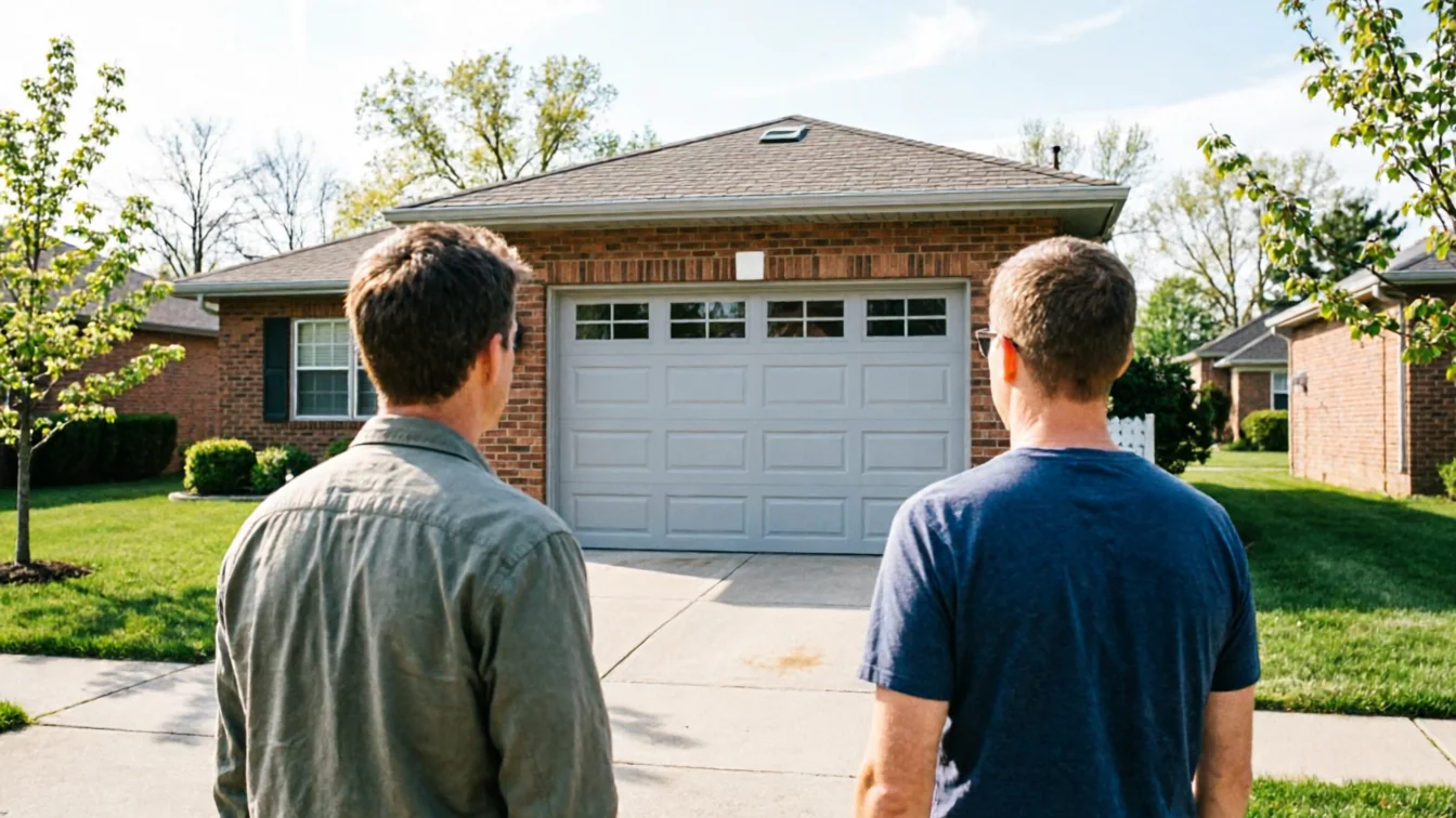 Two men stand in a driveway looking at a gray garage door on a brick house.