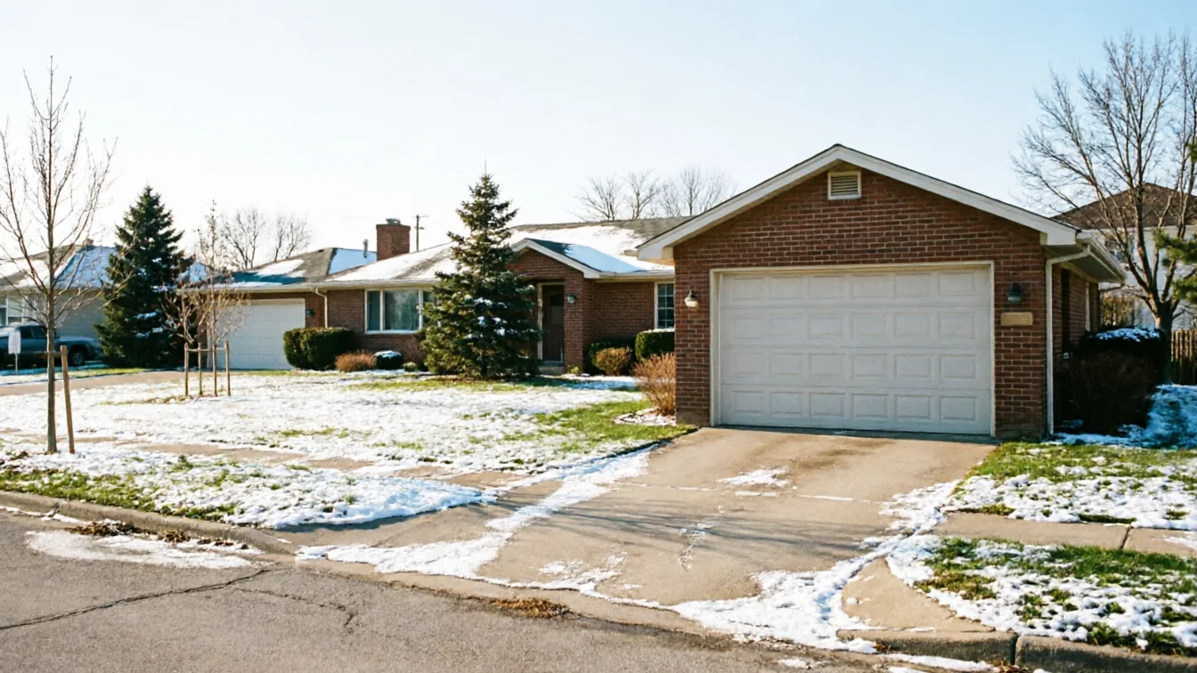 The house has a white garage door and a snow-dusted lawn.