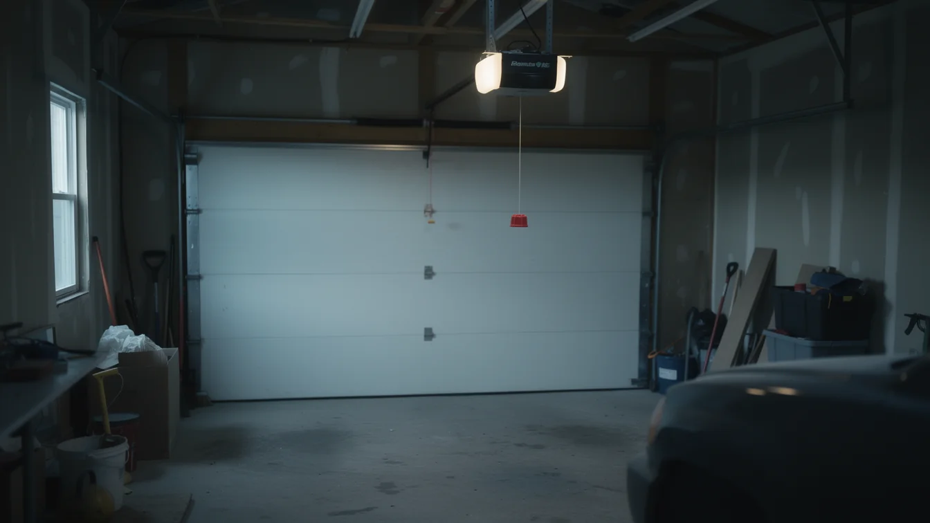 A white garage door is closed inside a garage with an opener and a car.