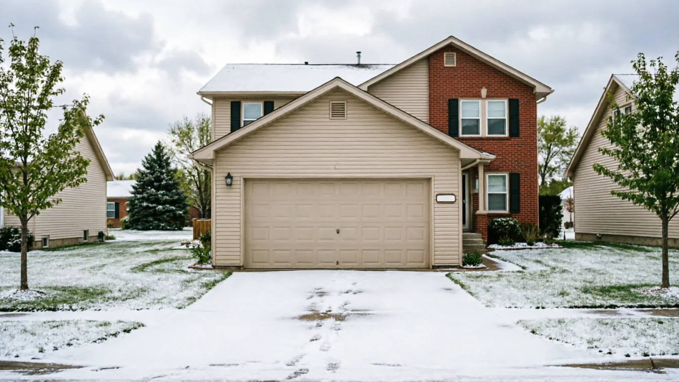 A beige garage door on a house with a snow-covered driveway and yard.