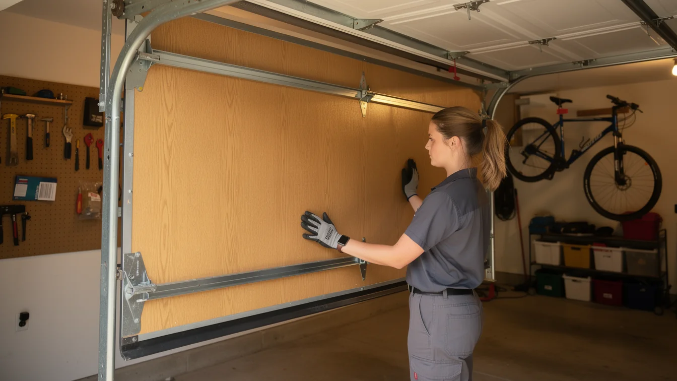 A technician in gloves is inspecting the inside of a closed garage door.